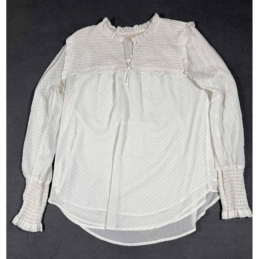LOFT Blouse Womens Small White Polka Dot Smocked Ruffle Long Sleeve Chiffon